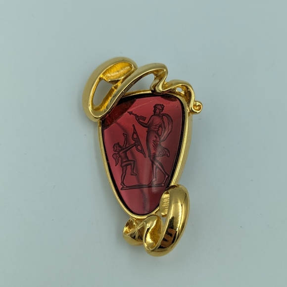 Arnold Isaacs Scaasi Vintage Glass Intaglio Gold Tone Brooch - Picture 2 of 7